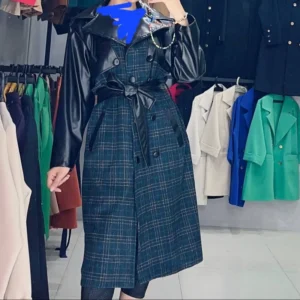 پالتو چهارخونه آستین چرم زنانه کد 28