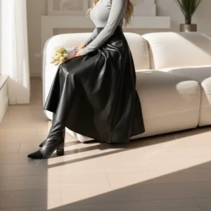 دامن چرم کلوش بلند زنانه کد 99